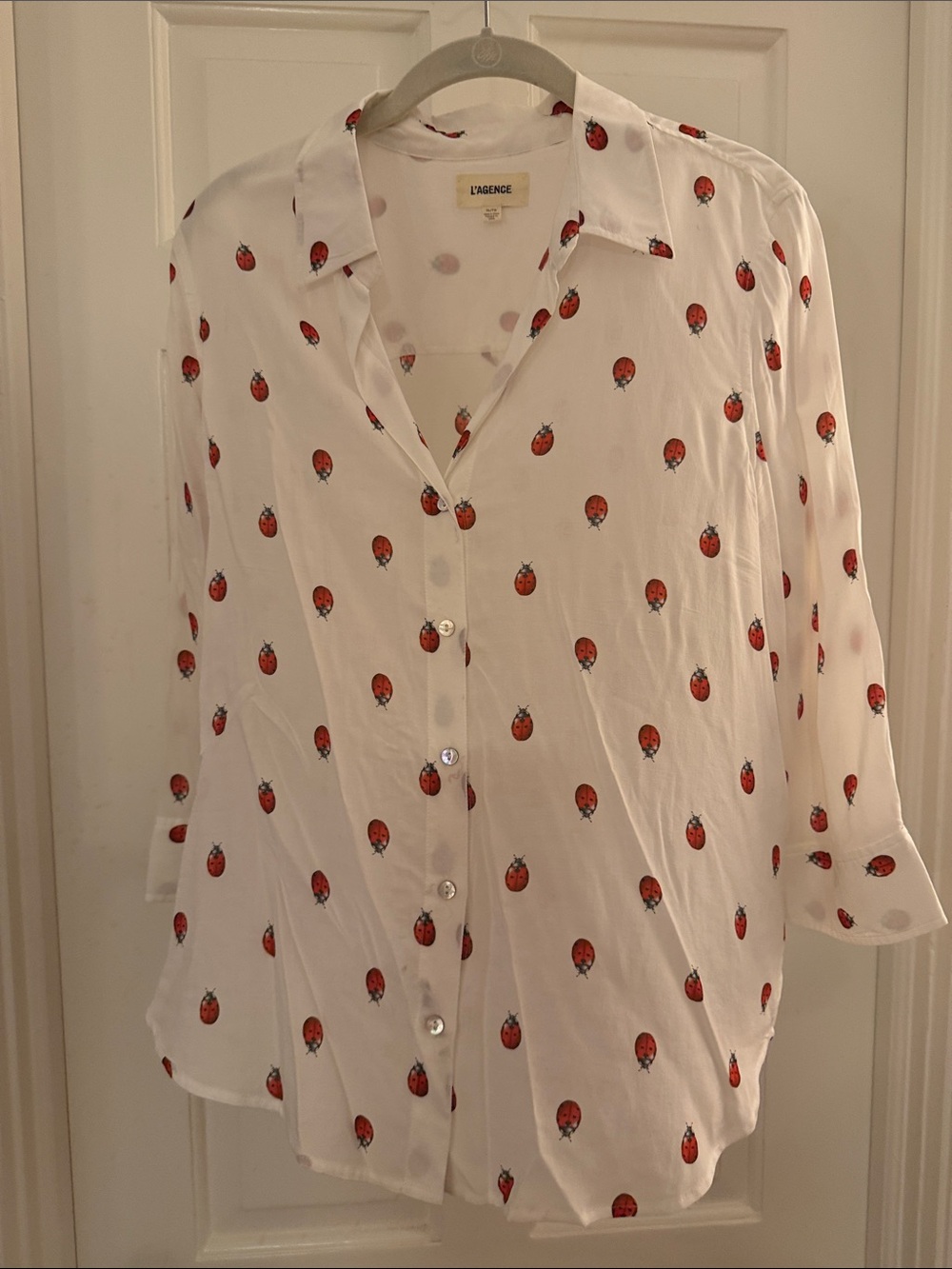 L'AGENCE White Button-Down Blouse with Red Ladybug Print